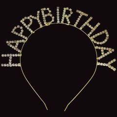 Kristal Taşlı Altın Renk Happy Birthday Doğum Günü Tacı 16x17 cm