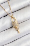 316L Çelik Zirkon Taşlı Kilit Ve Sallantılı Anahtar Model Gold Renk Kadın Kolye - TJ-BKO10353