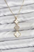 316L Çelik Zincir Gold Renk Yonca Detaylı Zirkon Taşlı Kadın Kolye - TJ-BKO10829