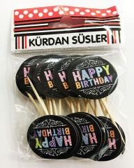 Siyah Üzeri Rengarenk Happy Birthday Parti Kürdan Süsü 20 Adet