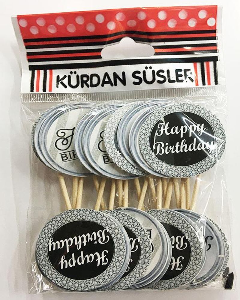 Gümüş Siyah Happy Birthday Parti Kürdan Süsü 20 Adet