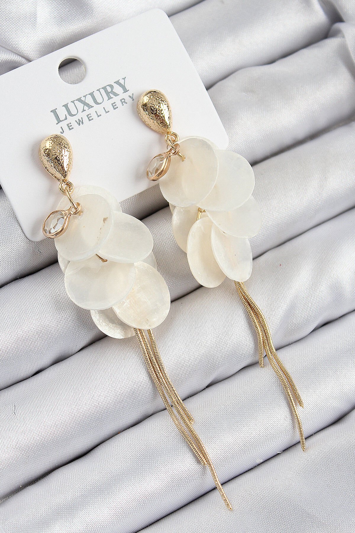 Pirinç Zirkon Taşlı Sallantılı Sedef Model Gold Renk Kadın Küpe - TJ-BKP11084