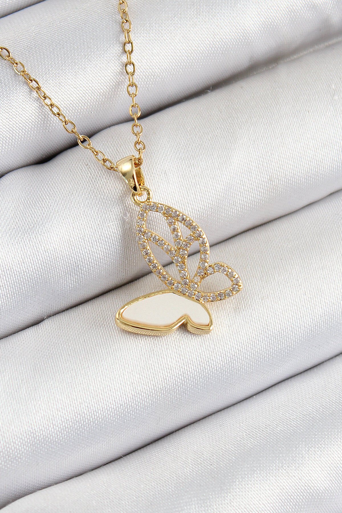 316L Çelik Zirkon Taşlı Kelebek Model Gold Renk Kadın Kolye - TJ-BKO10359