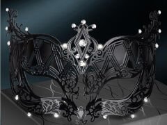 Kristal Gümüş Taşlı Siyah Renk Lazer Kesim Metal Lüks Maske Balo Parti (4944)