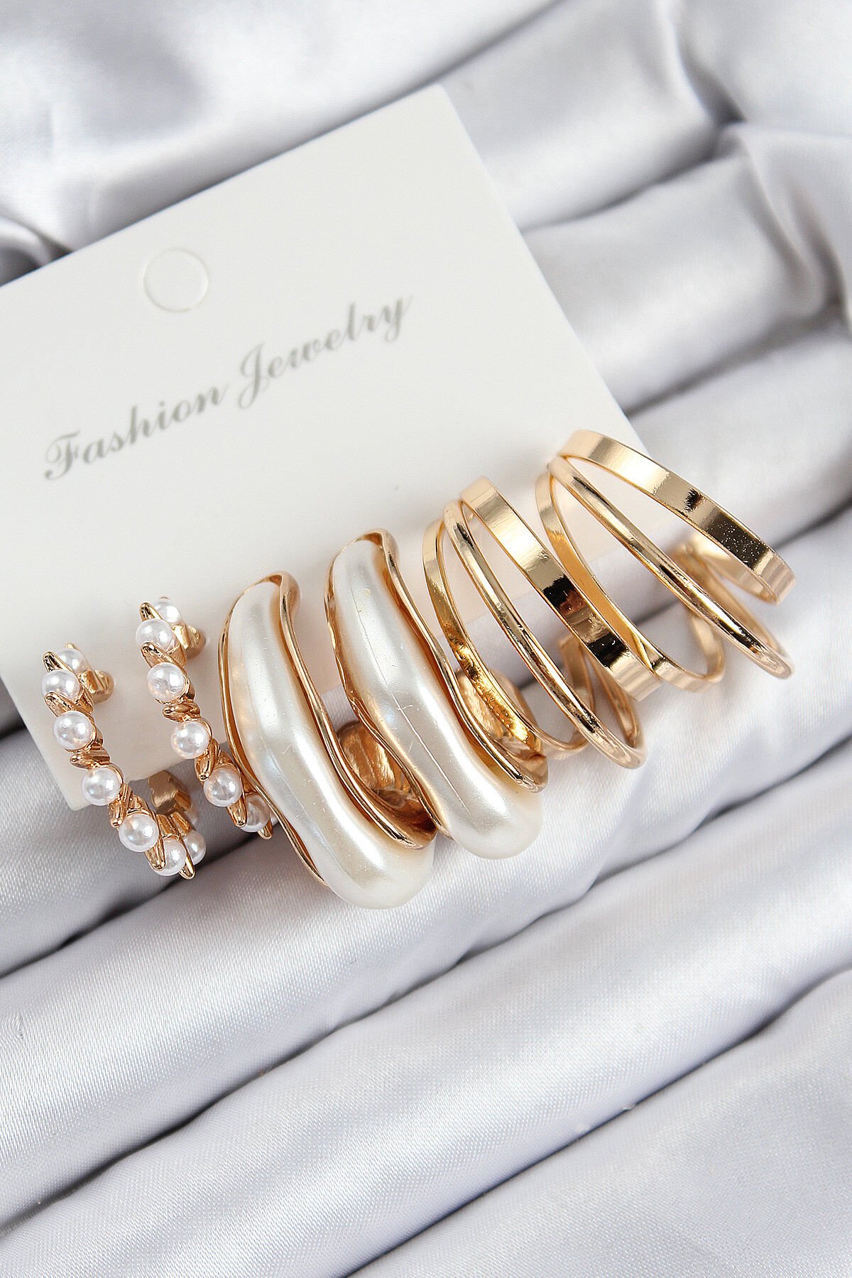 Pirinç İncili Halka Model Gold Renk Kadın Set Küpe - TJ-BKP11086