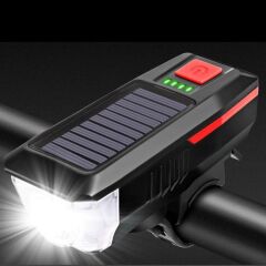 Solar Enerjili USB ile Şarj Edilebilir Ledli Bisiklet Feneri Kornalı ve Su Geçirmez Far (4944)