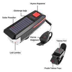 Solar Enerjili USB ile Şarj Edilebilir Ledli Bisiklet Feneri Kornalı ve Su Geçirmez Far (4944)
