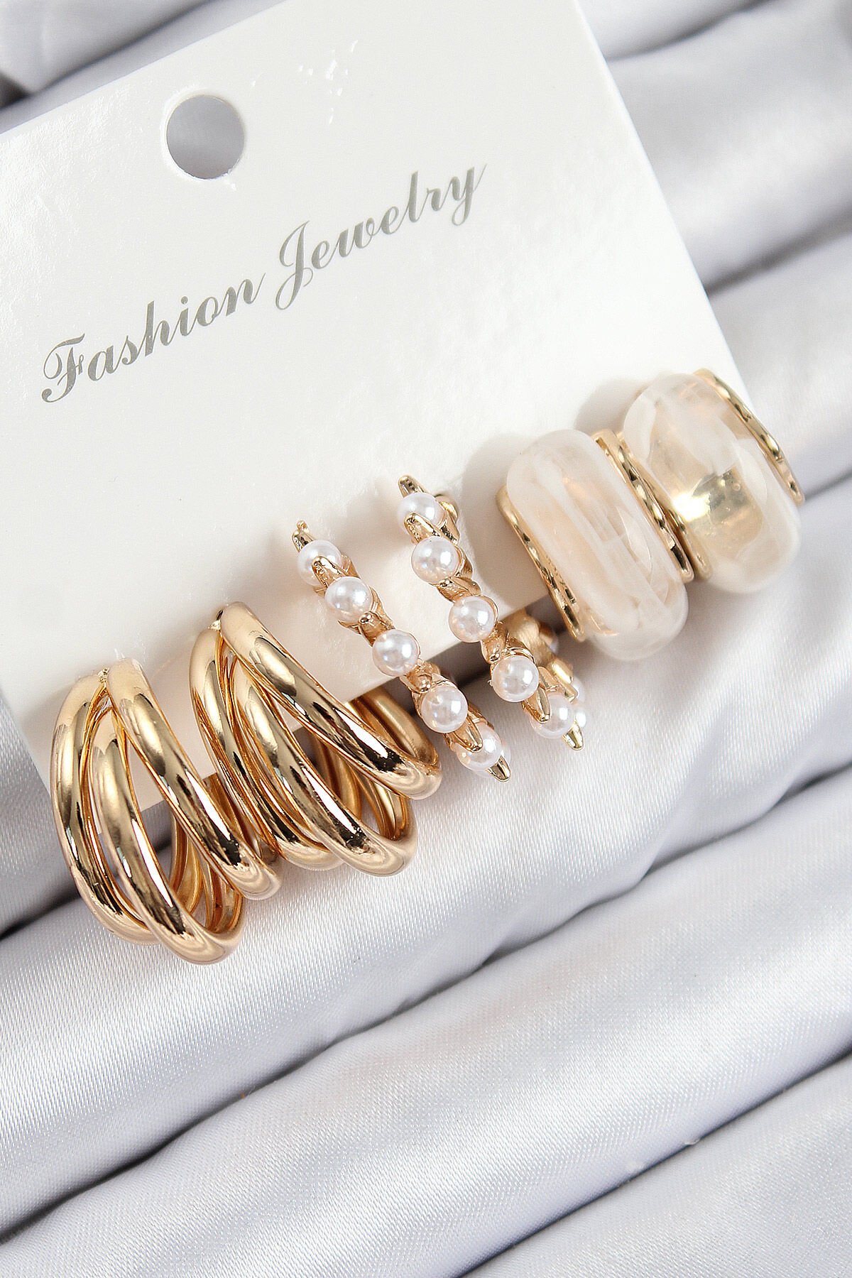 Pirinç İncili Halka Model Gold Renk Kadın Set Küpe - TJ-BKP11087