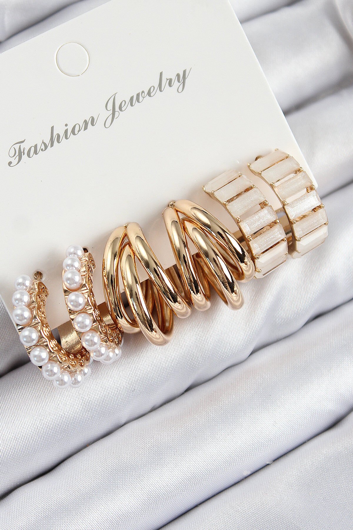 Pirinç İncili Halka Model Gold Renk Kadın Set Küpe - TJ-BKP11089