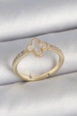 Pirinç Gold Renk Zirkon Taşlı Beyaz Mineli Yonca Model Ayarlanabilir Kadın Yüzük - TJ-BYK3737