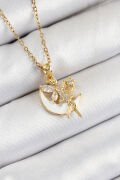 316L Çelik Zirkon Taşlı Hilal Melek Model Gold Renk Kadın Kolye - TJ-BKO10365