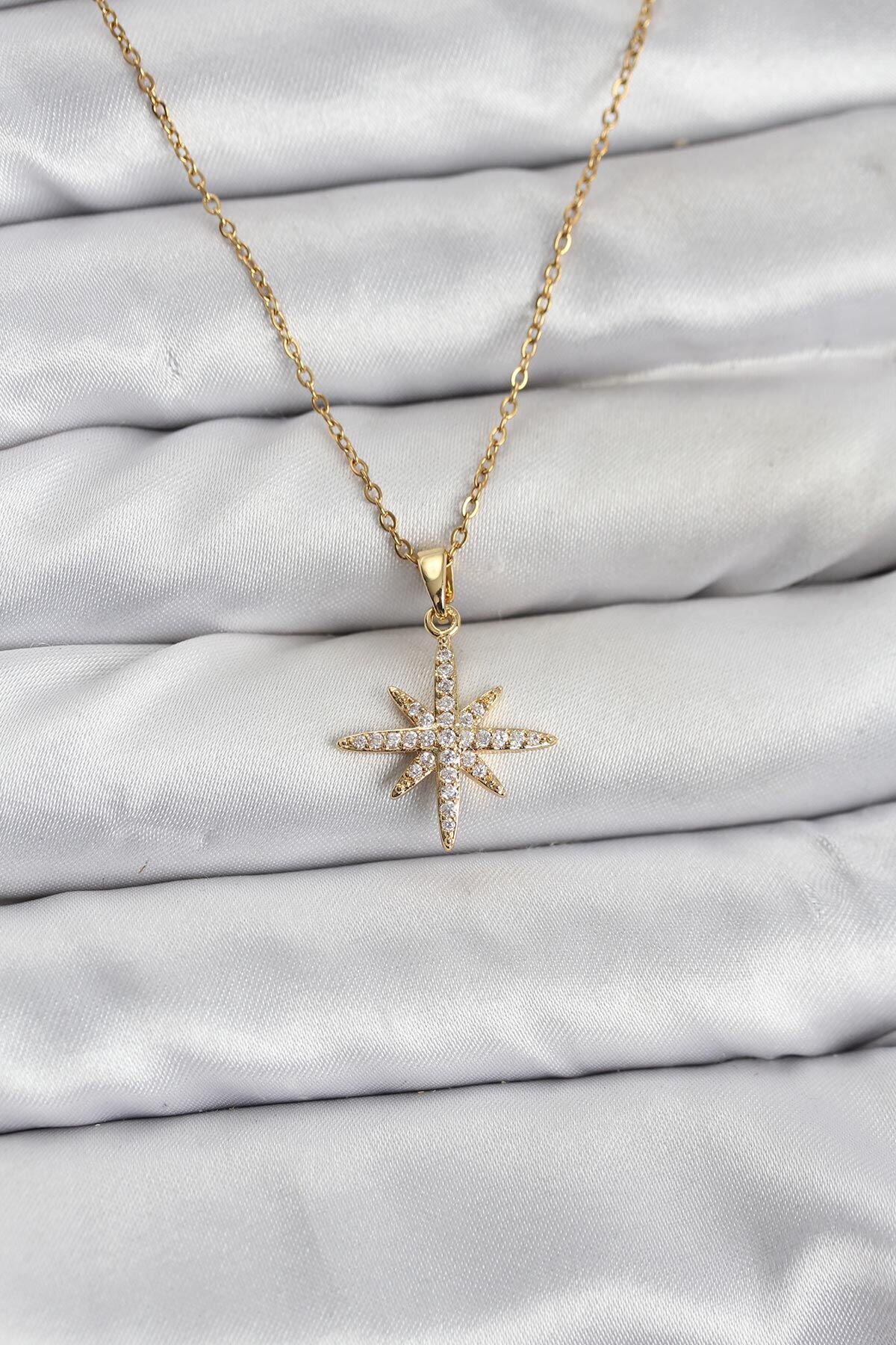 316L Çelik Zincir Gold Renk Kutup Yıldızı Model Zirkon Taşlı Kadın Kolye - TJ-BKO10839