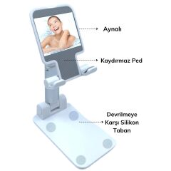Siyah Aynalı Cep Telefonu Sabitleyici Stand Katlanabilir Ayarlanabilir Telefon Standı (4944)