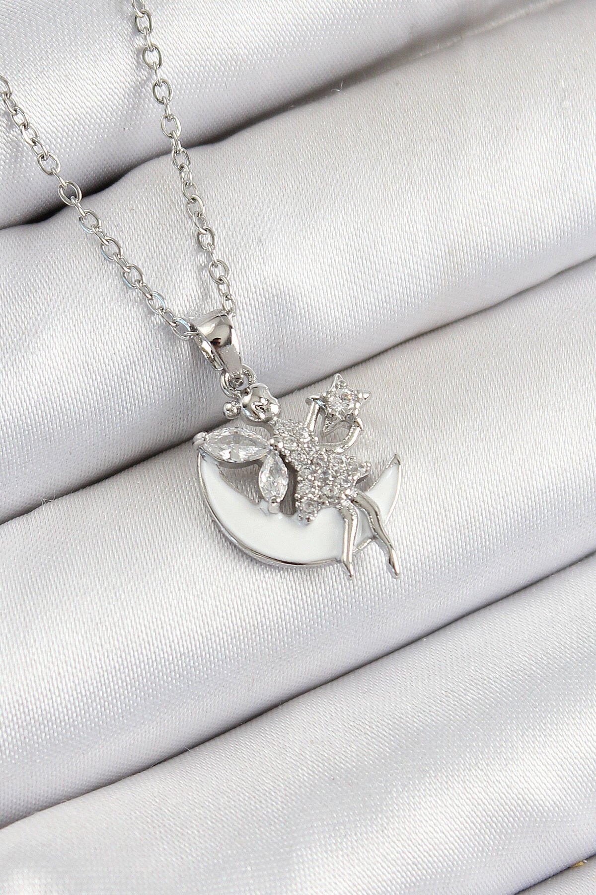 316L Çelik Zirkon Taşlı Hilal Melek Model Gümüş Renk Kadın Kolye - TJ-BKO10366