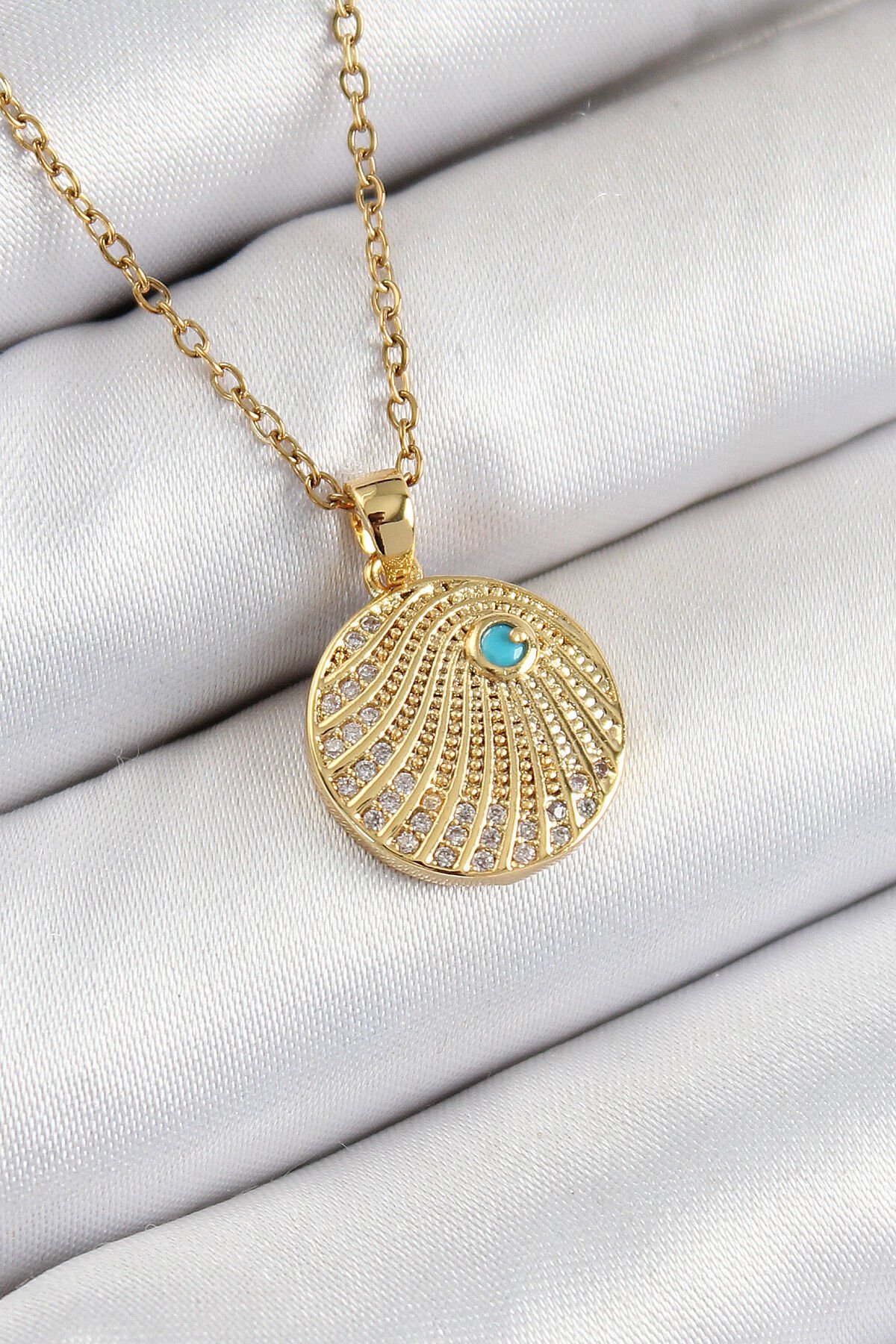 316L Çelik Zirkon Taşlı Madalyon Model Gold Renk Kadın Kolye - TJ-BKO10367