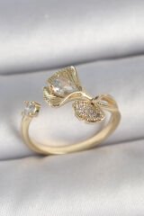 Pirinç Gold Renk Zirkon Taşlı Deniz Kabuğu Model Ayarlanabilir Kadın Yüzük - TJ-BYK3741