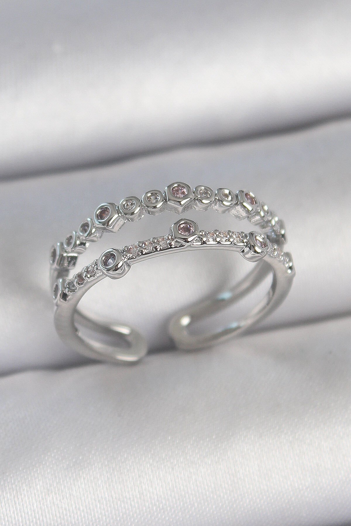 Pirinç Gümüş Renk 2'Li Zirkon Taşlı Ayarlanabilir Model Kadın Yüzük - TJ-BYK3742