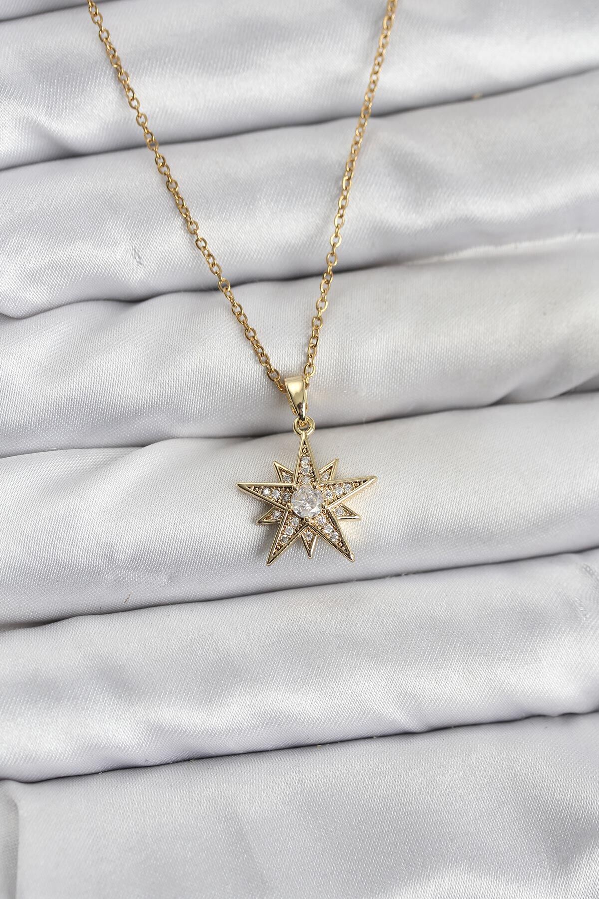 316L Çelik Zincir Gold Renk Yıldız Model Zirkon Taşlı Kadın Kolye - TJ-BKO10844