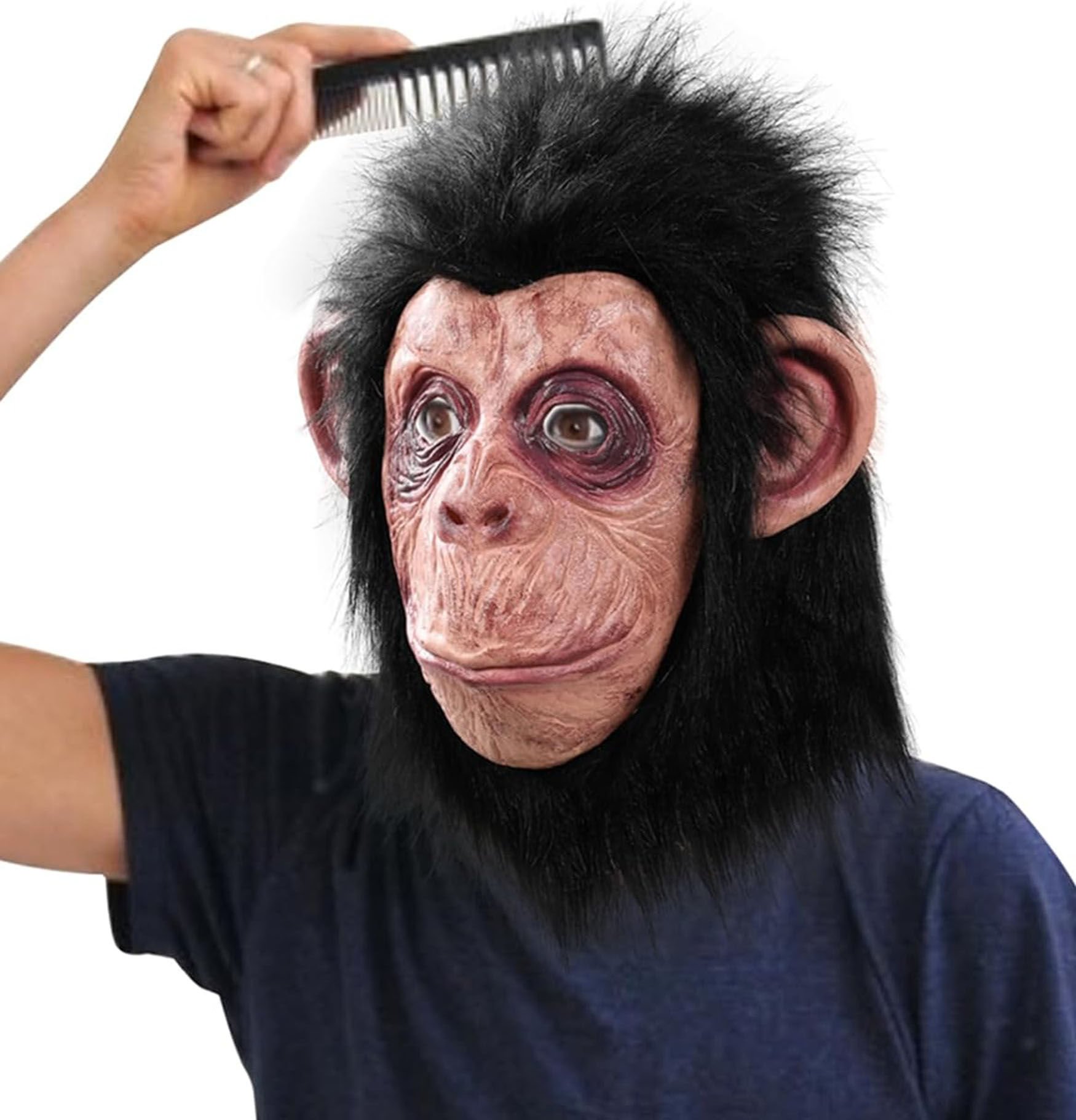 Siyah Saçlı Kafaya Tam Geçmeli Lateks Şempanze Maskesi - Lateks Maymun Orangutan Goril Maske Et Maske (4944)