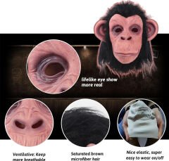 Siyah Saçlı Kafaya Tam Geçmeli Lateks Şempanze Maskesi - Lateks Maymun Orangutan Goril Maske Et Maske (4944)