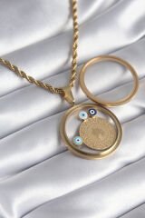 316L Çelik Gold Renk Burgu Zincir Çeyrek Figür Açılabilir Fanus Model Kadın Kolye - TJ-BKO8284
