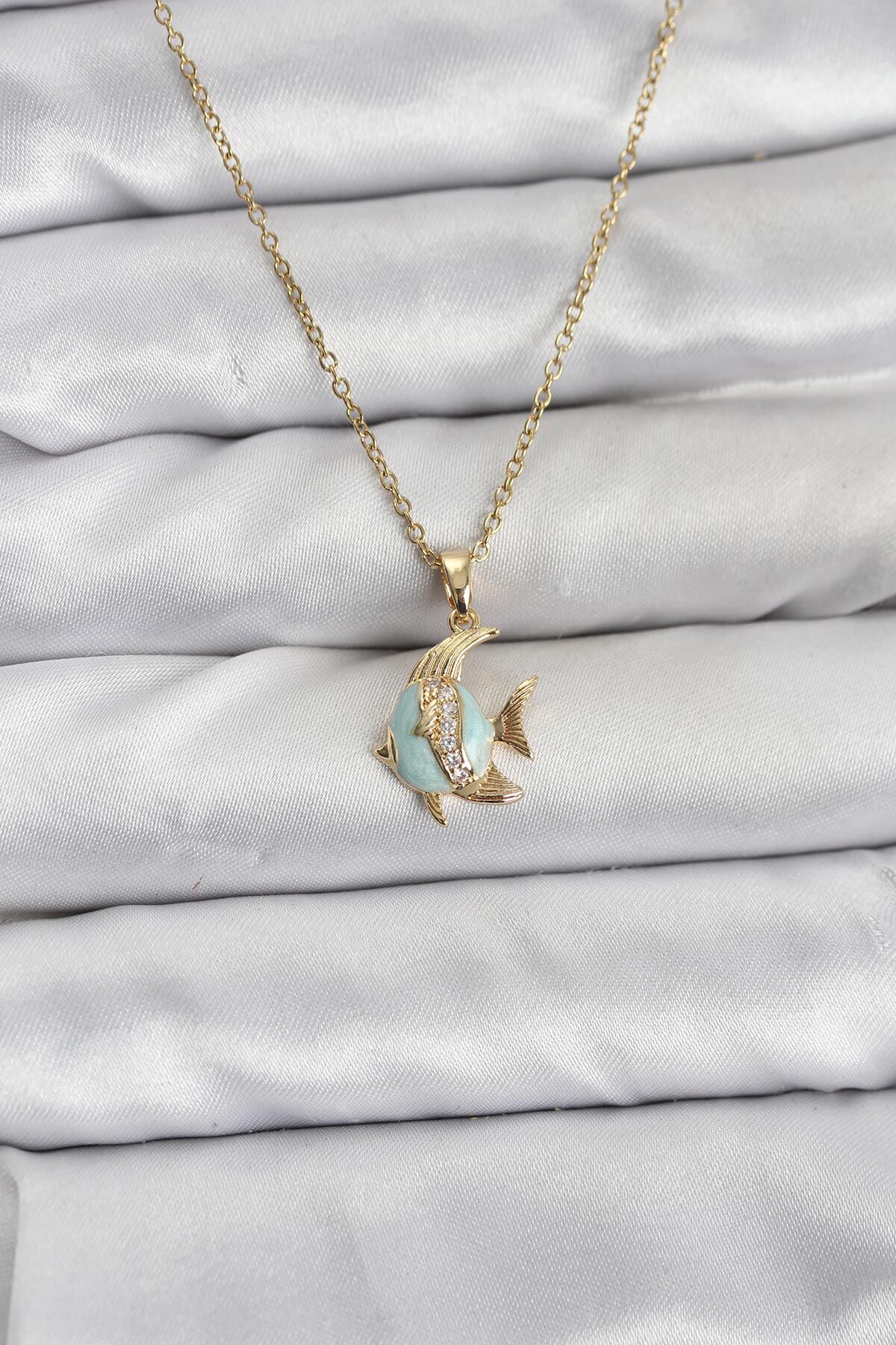 316L Çelik Zincir Gold Renk Balık Model Zirkon Taşlı Kadın Kolye - TJ-BKO10846