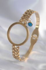 316L Çelik Gold Renk Yaprak İşleme Açılabilir Fanus Model Nazar Boncuk Kadın Kelepçe - TJ-BB5912