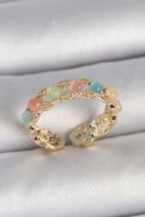 Pirinç Gold Renk Renkli Mineli Ayarlanabilir Model Kadın Kolye - TJ-BYK3747