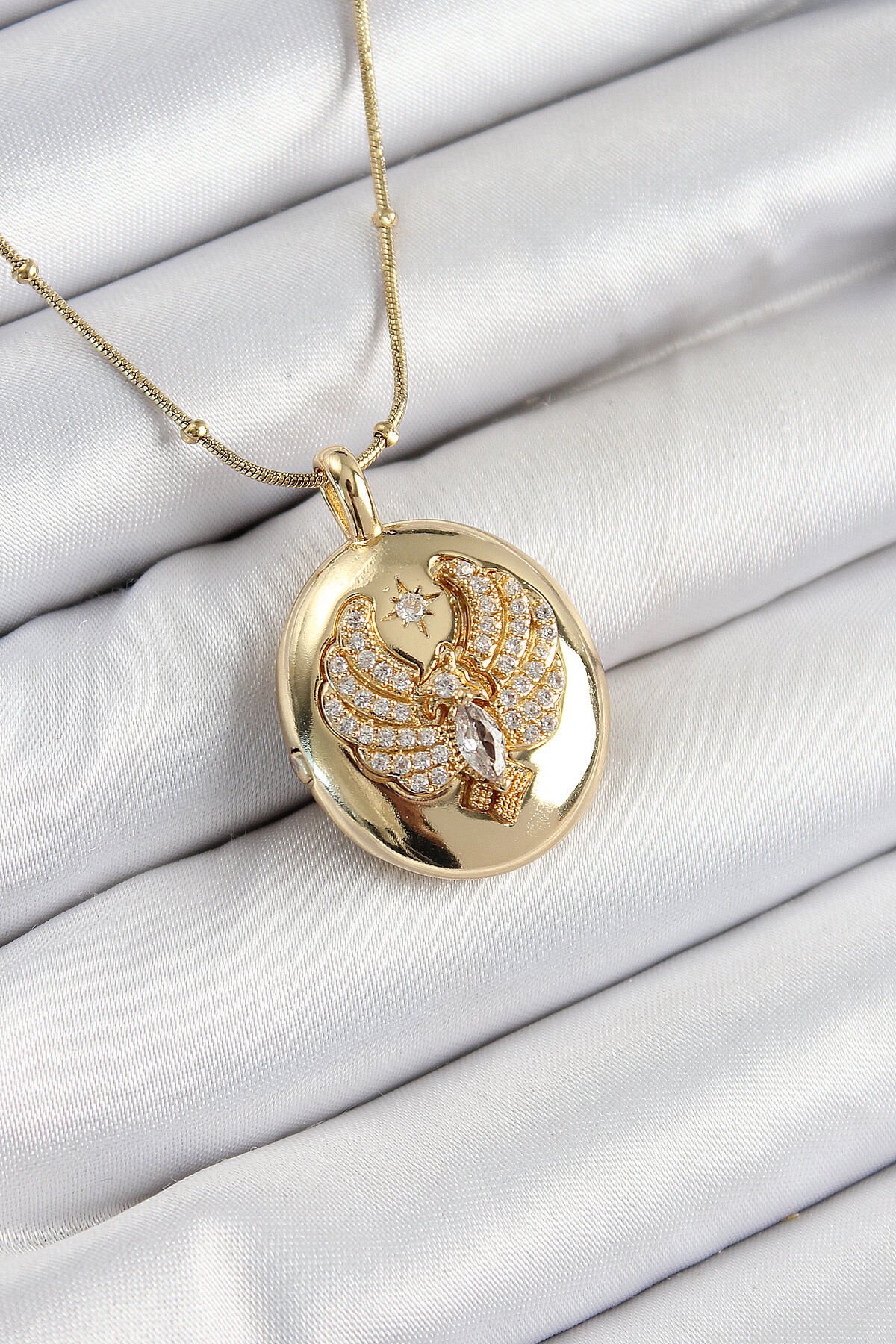 316L Çelik Zincir Açılabilir Anka Kuşu Model Zirkon Taşlı Gold Renk Kadın Kolye - TJ-BKO10375