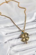 316L Çelik Burgu Zincirli Nazar Detaylı Yonca Model Gold Renk Kadın Kolye - TJ-BKO10377