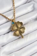 316L Çelik Burgu Zincirli Nazar Detaylı Yonca Model Gold Renk Kadın Kolye - TJ-BKO10377