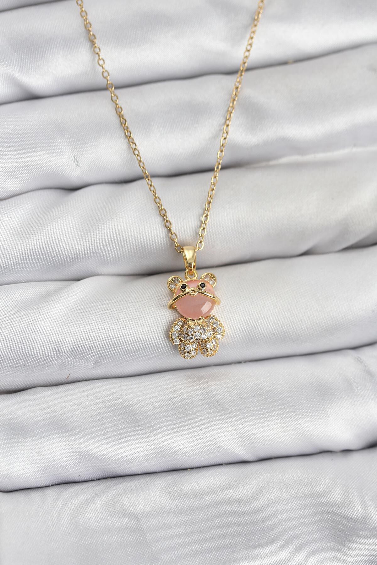 316L Çelik Zincir Gold Renk Teddy Bear Model Zirkon Taşlı Kadın Kolye - TJ-BKO10852