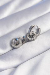 316L Çelik Gümüş Renk Zirkon Taşlı İç İçe Geçmeli Oval Küpe - TJ-BKP9013