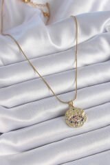 316L Çelik Zincir Gold Renk Zirkon Taşlı Göz İşlemeli Madalyon Model Kadın Kolye - TJ-BKO9336