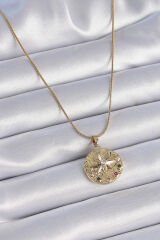 316L Çelik Zincir Gold Renk Renkli Zirkon Taşlı Yıldız İşlemeli Madalyon Model Kadın Kolye - TJ-BKO9342