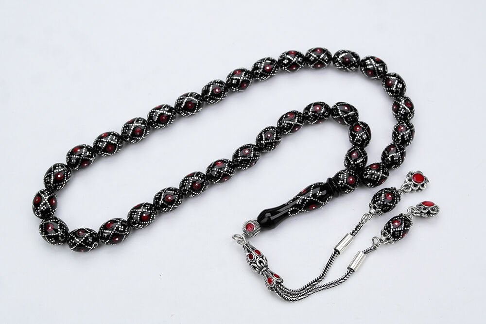 Oltu Taşı  Beyzi Fiyonk Kırmızı İşlemeli Tespih  