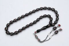 Oltu Taşı  Beyzi Fiyonk Kırmızı İşlemeli Tespih  