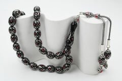 Oltu Taşı  Beyzi Fiyonk Kırmızı İşlemeli Tespih  