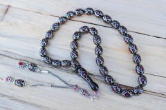 Oltu Taşı  Beyzi Fiyonk Kırmızı İşlemeli Tespih  