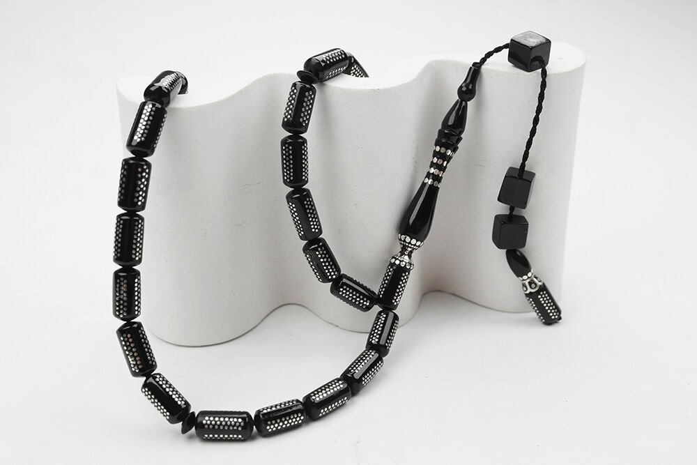 Oltu Taşı  Boru Kesim Kilim Desen İşlemeli Tespih