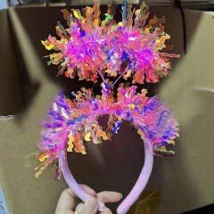 Pembe Renk Pembe Işıltılı Püsküllü Led Işıklı Parlak Hologramlı Taç 25x12 cm (4944)