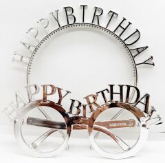 Happy Birthday Yazılı Taç ve Happy Birthday Yazılı Gözlük Seti Gümüş Renk (4944)