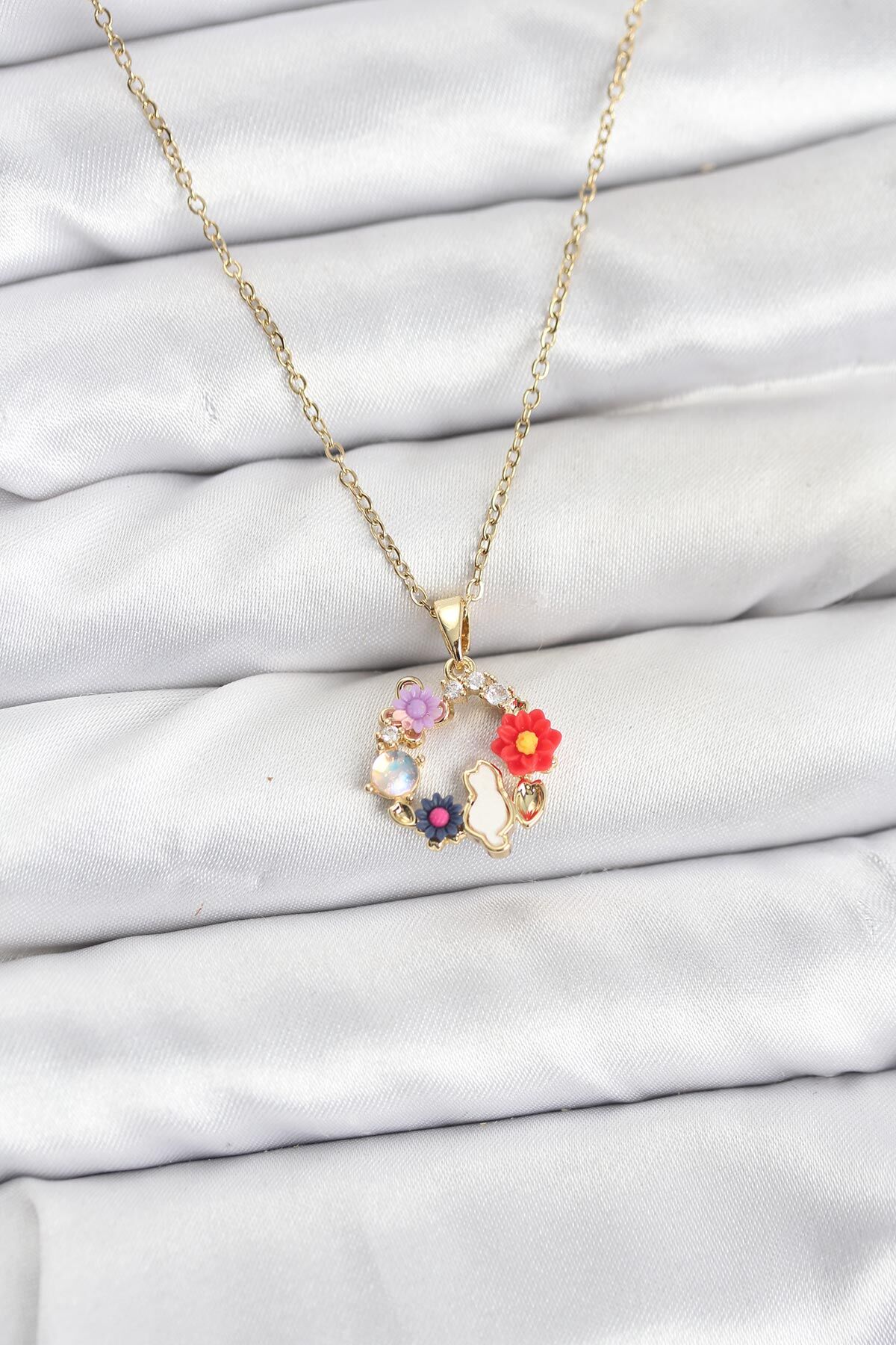 316L Çelik Zincir Gold Renk Çiçekli Kedili Model Kadın Kolye - TJ-BKO10871