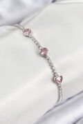 Pirinç Zirkon Taşlı Pembe Kalp Model Gümüş Renk Kadın Bileklik - TJ-BB7686