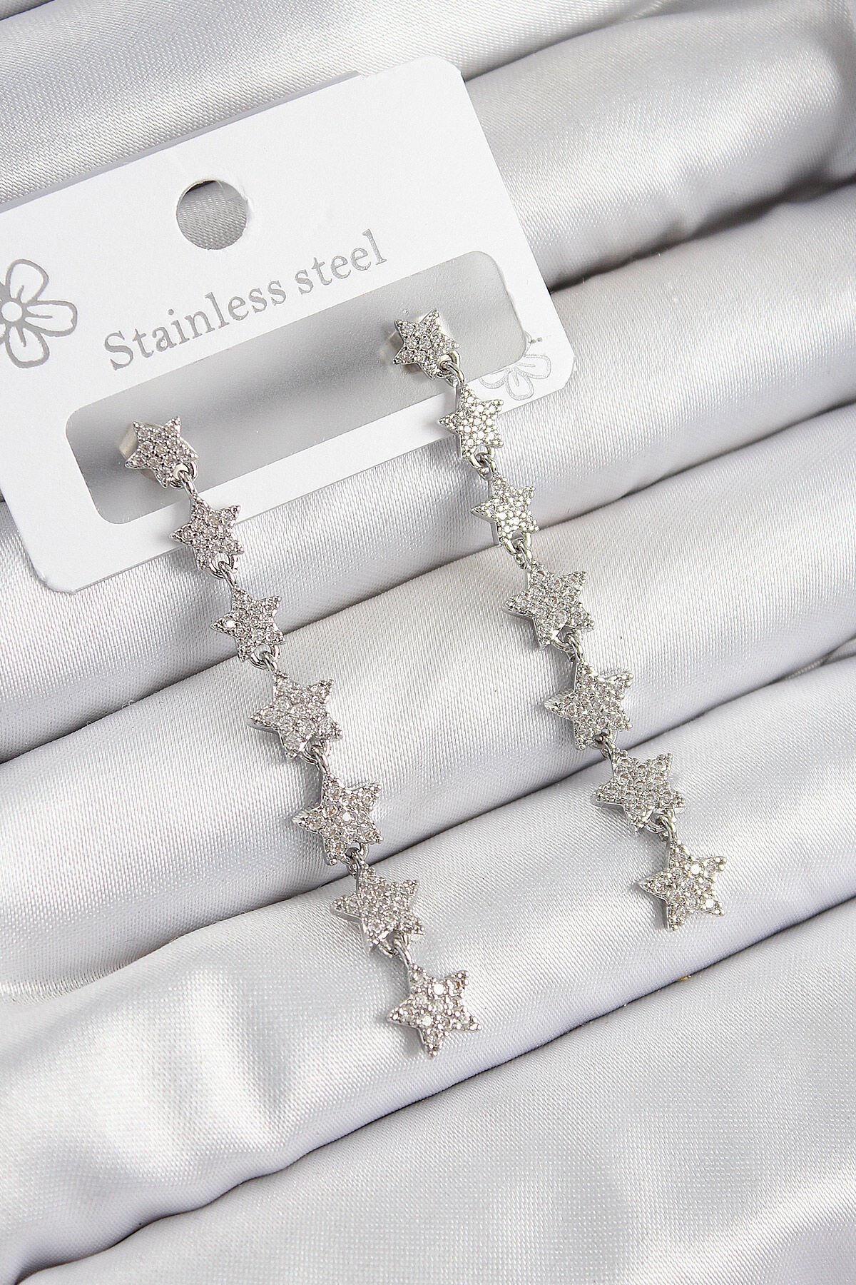 Pirinç Zirkon Taşlı Sallantılı Yıldız Model Gümüş Renk Kadın Küpe - TJ-BKP10911