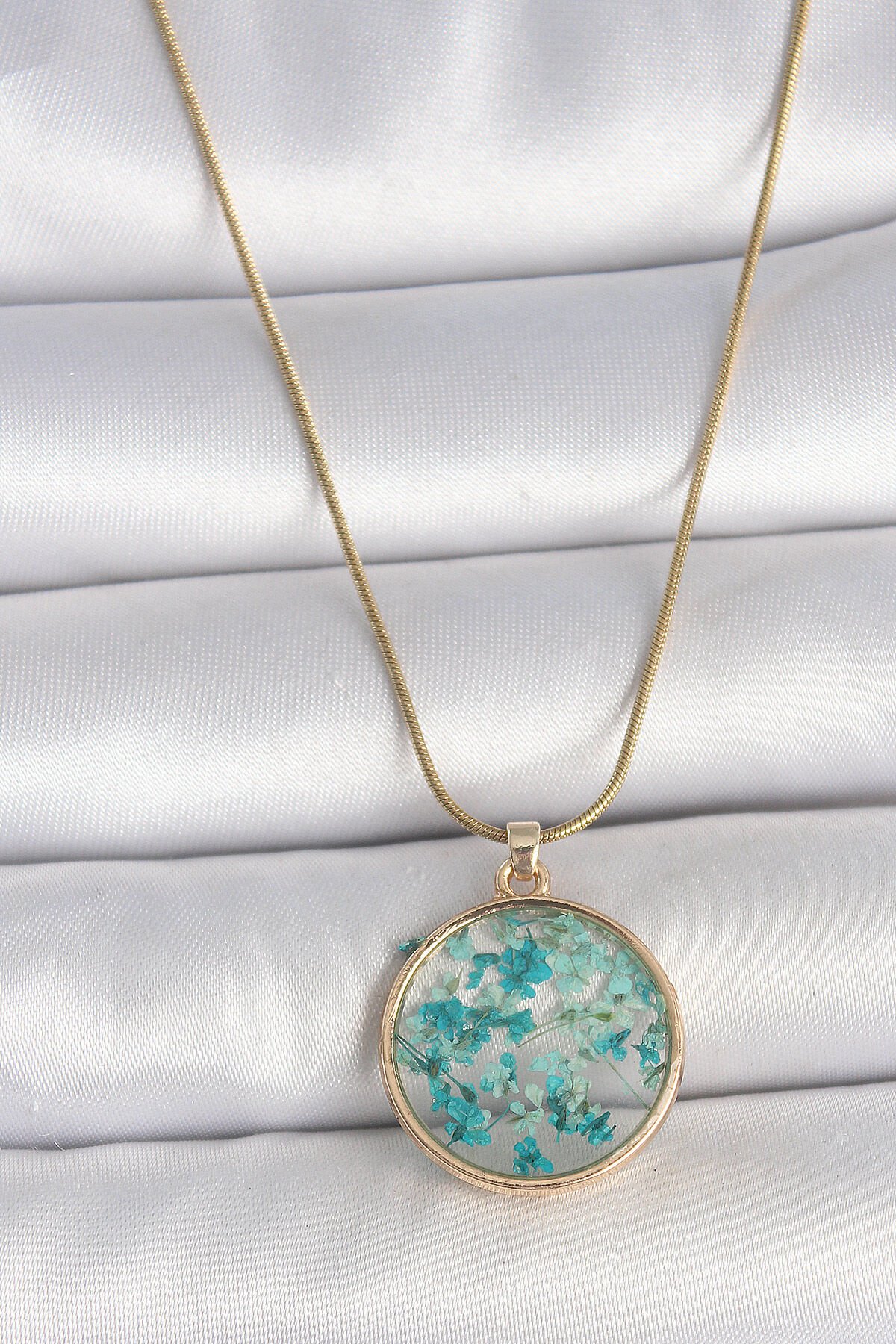 316L Çelik Gold Renk Zincir Daire Epoksi Mavi Çiçek Yaprak Model Kadın Kolye - TJ-BKO10070