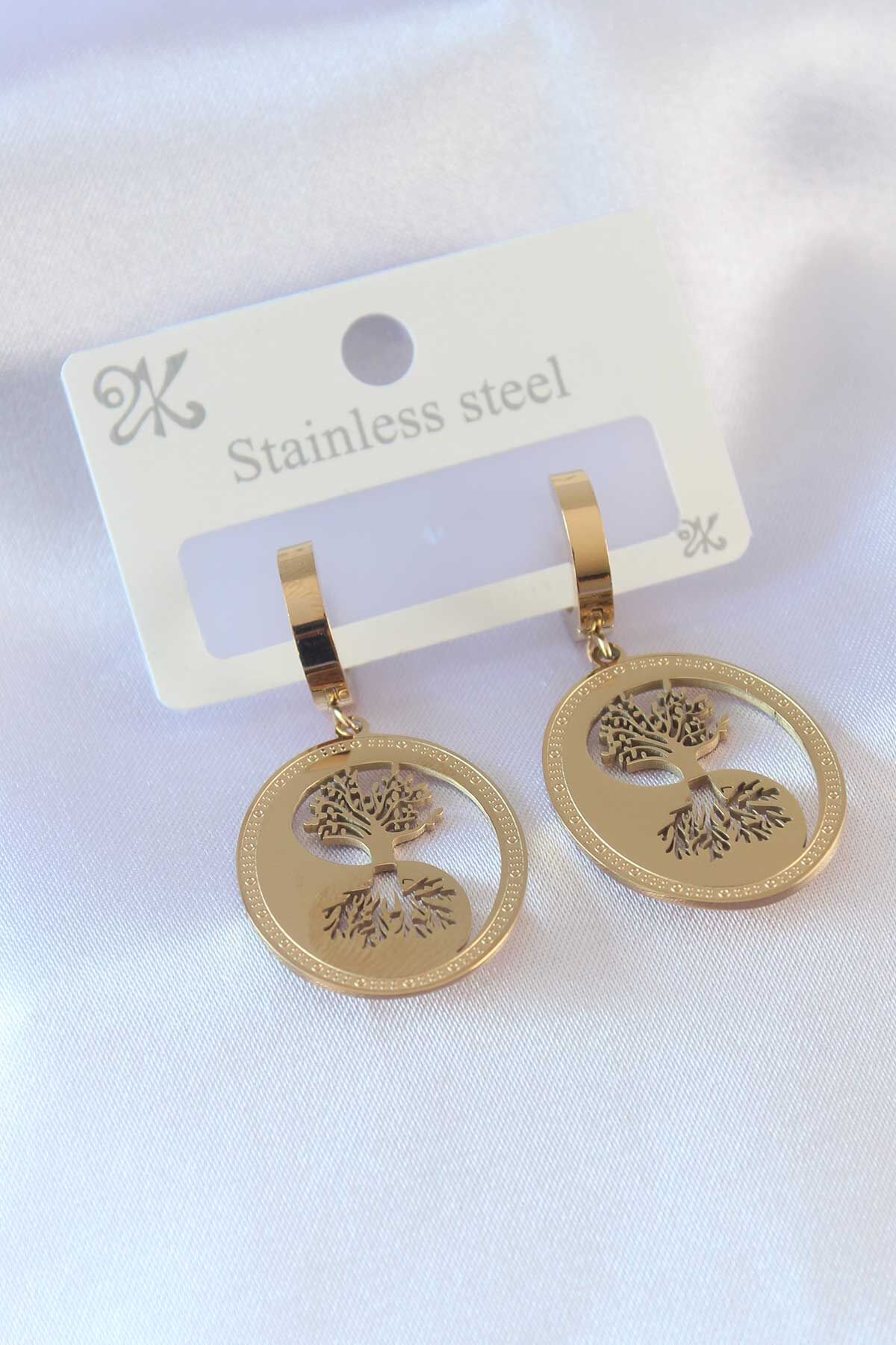 316L Çelik Gold Renk Hayat Ağacı İşleme Kadın Küpe - TJ-BKP7336