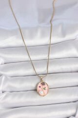 316L Çelik Gold Renk Zincir Pembe Çiçek İşlemeli İnci Detay Portre Model Kadın Kolye - TJ-BKO10077