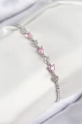Pirinç Zirkon Taşlı Pembe Kalp Model Gümüş Renk Kadın Bileklik - TJ-BB7698