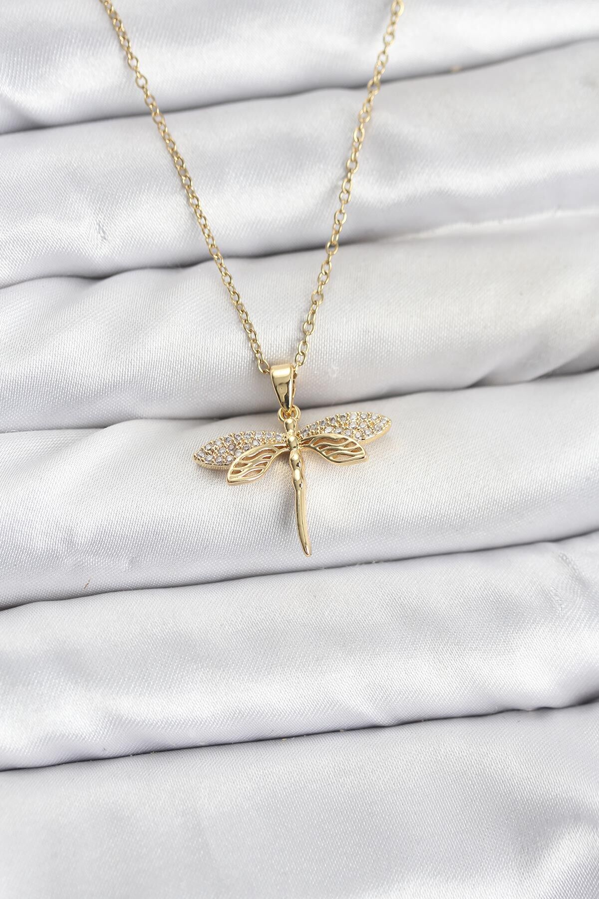 316L Çelik Zincir Gold Renk Yusufçuk Model Zirkon Taşlı Kadın Kolye - TJ-BKO10887